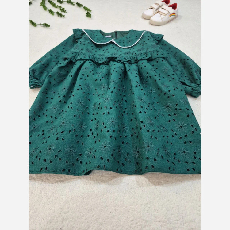 پیراهن دخترانه لینن خامه دوزی آستر کشی شده مناسب 3 تا 8 سال