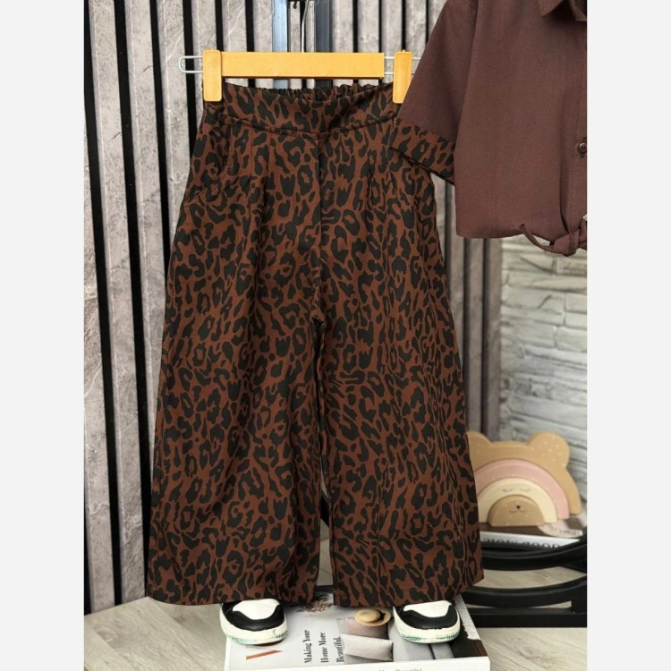 ست شومیز شلوار دخترانه پلنگی جنس لنین و کتان لایس سایز 50 تا 65