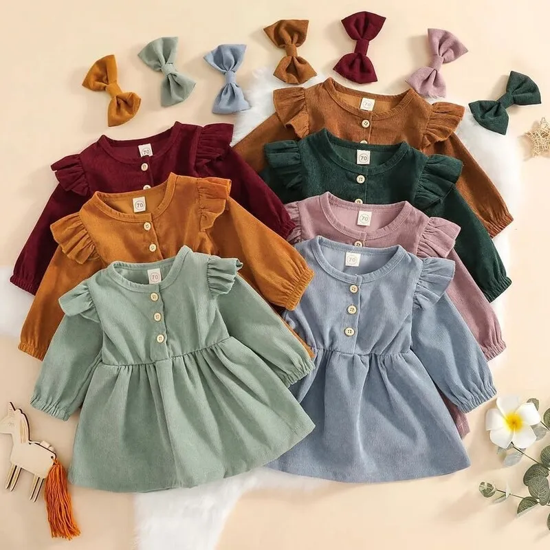 پیراهن دخترانه مخمل کبریتی جلو دکمهدار مناسب 6 ماه تا 6 سال