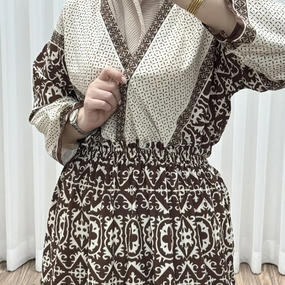 پیراهن زنانه فلور بوگاتی مدل چپ و راستی طرح جاجیم فری سایز تا 48