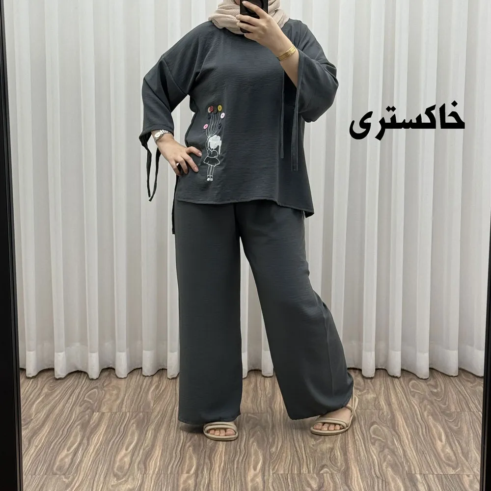 ست بلوز شلوار بادکنکی فری سایز تا 52 ابر و باد چهارفصل شیک و راحت بدون آبرفت و رنگ رفتگی