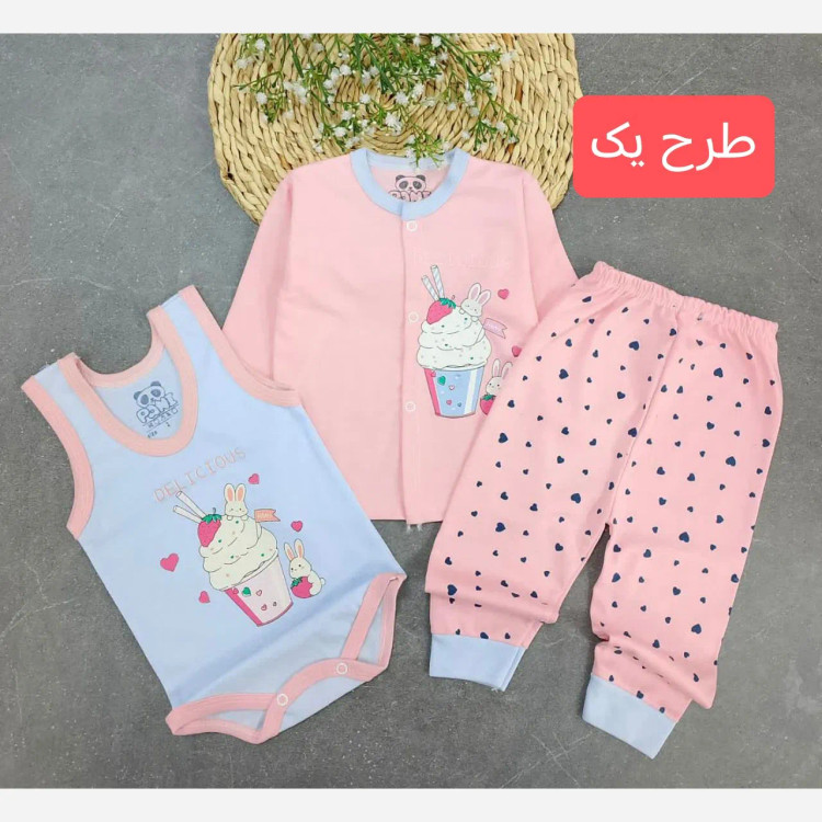 ست سه تکه نوزادی بادی و شلوار نخ پنبه ضد حساسیت