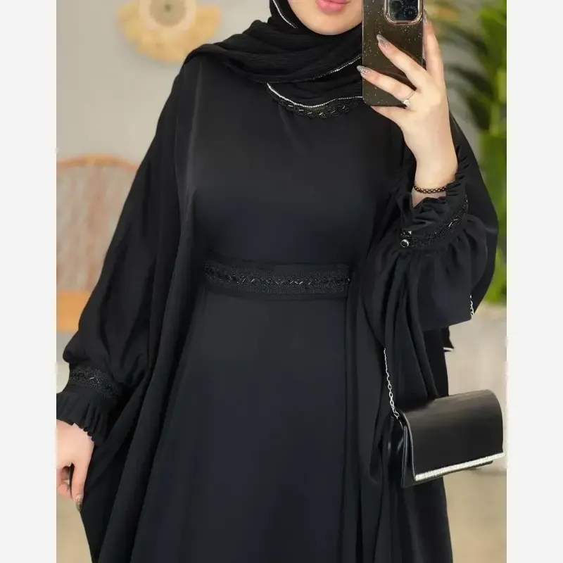 عبای زنانه راحیل الیزه مشکی بلند ملیله دوزی شده آستین پلیسه فری سایز
